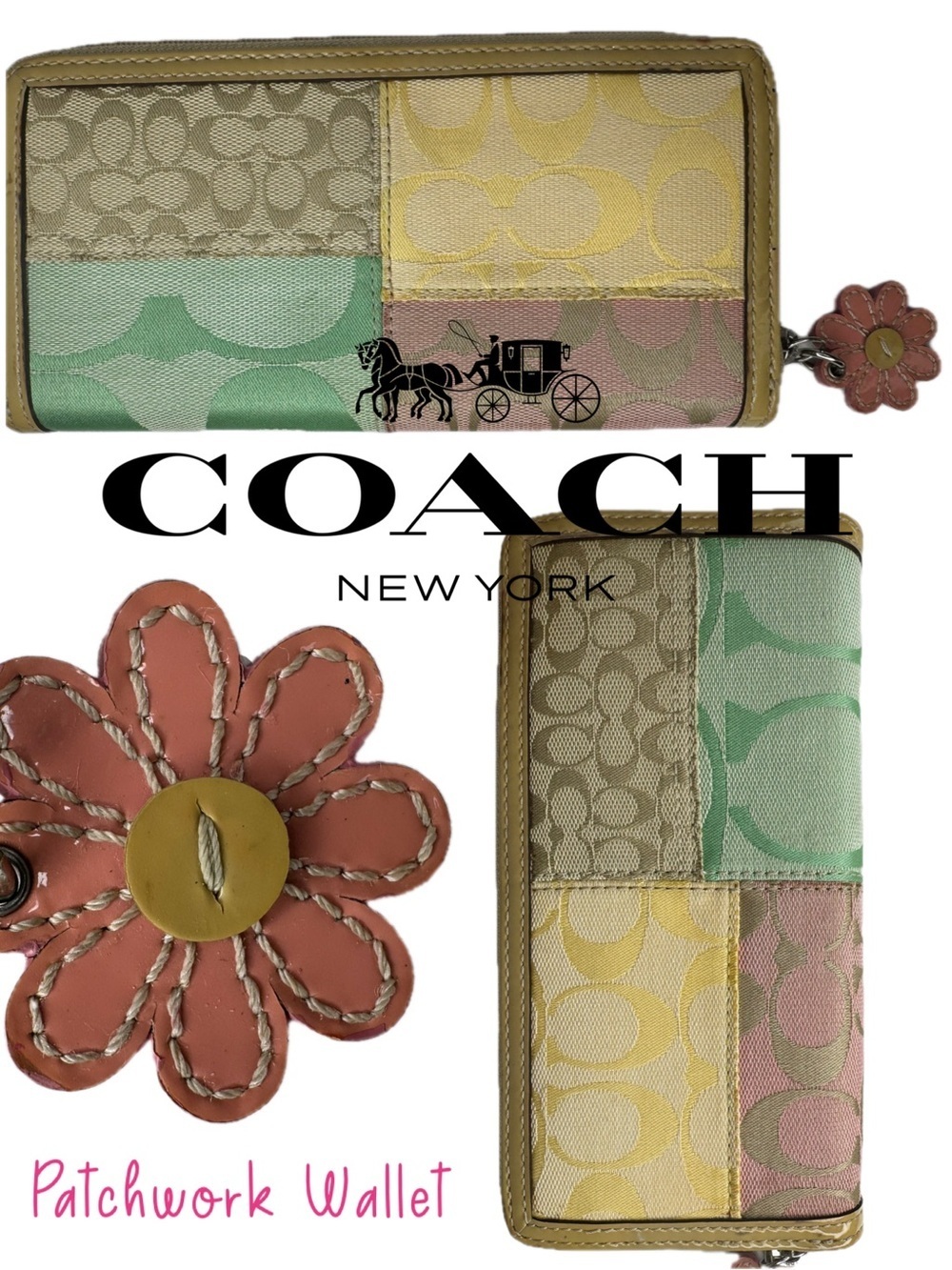 Coach Patchwork Signature Zip Wallet in Pink, Green, Yellow and Tan